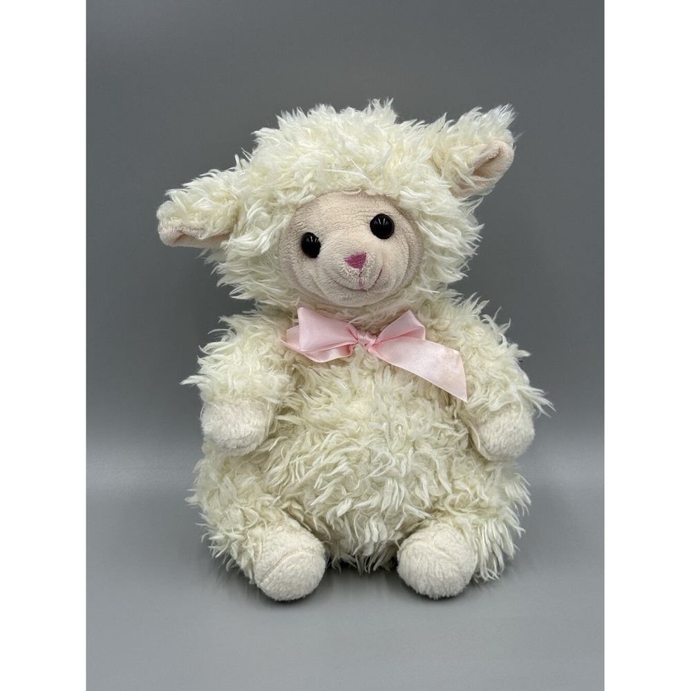 Shaggy Lamb Plush 10 Inch Stuffed Animal Pink Ribbon Bow